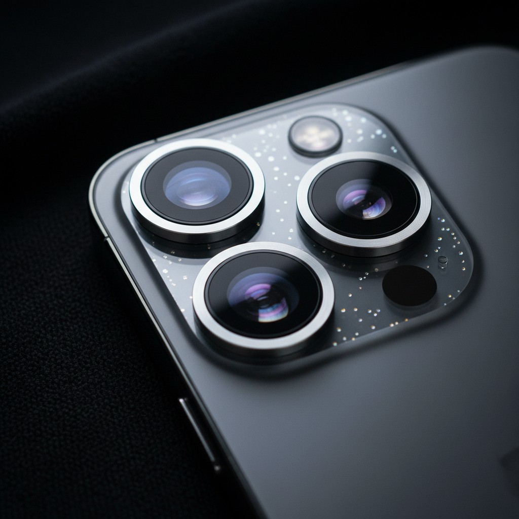 The image shows the back of a top-tier smartphone camera, with three round lenses and a smaller, circular lens above. The ...